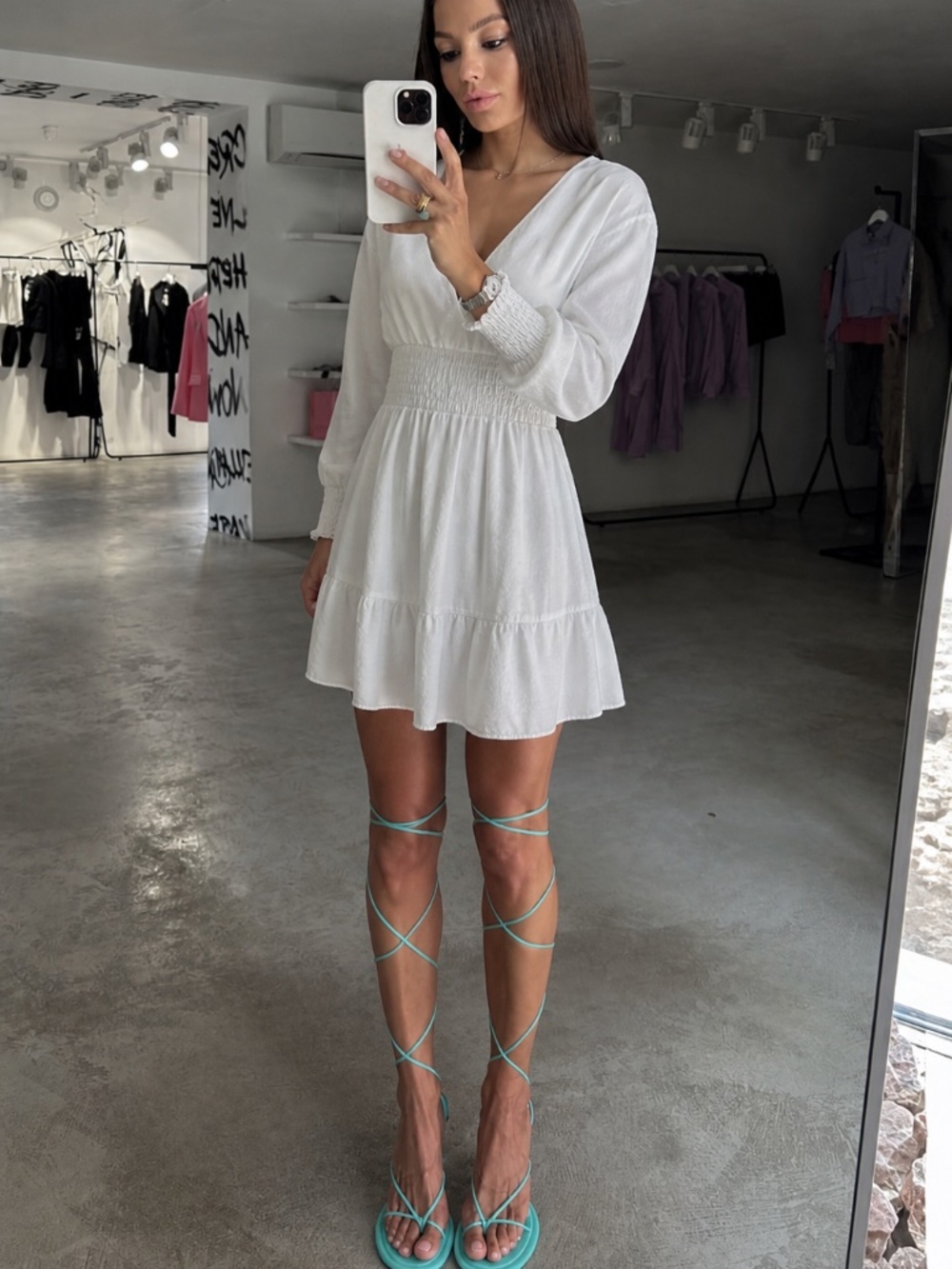 Zara White Linen Blend Smocked Waist Mini Dress V-Neck Boho Long Sleeve S